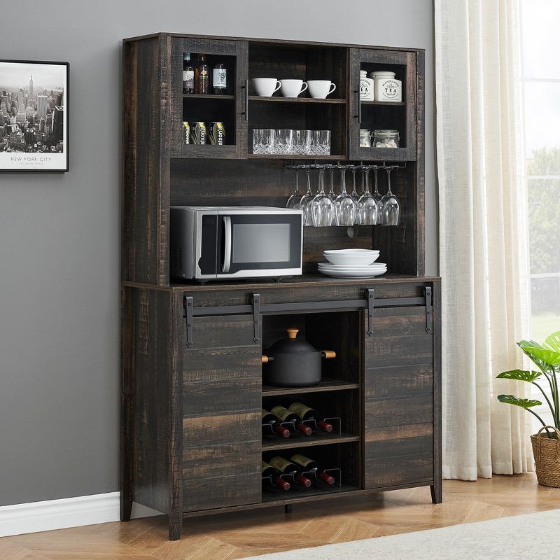 Whizmax Farmhouse Coffee Bar Cabinet with Sliding Barn Doors, Wine&Glasses Rack, Tall Sideboard Buffet Cabinet for Kitchen, Dining Room, 1 of 8