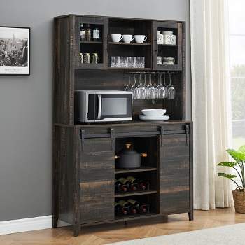Whizmax Farmhouse Coffee Bar Cabinet with Sliding Barn Doors, Wine&Glasses Rack, Tall Sideboard Buffet Cabinet for Kitchen, Dining Room