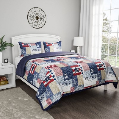 Nautical Americana Blue Microfiber Reversible Quilt Set