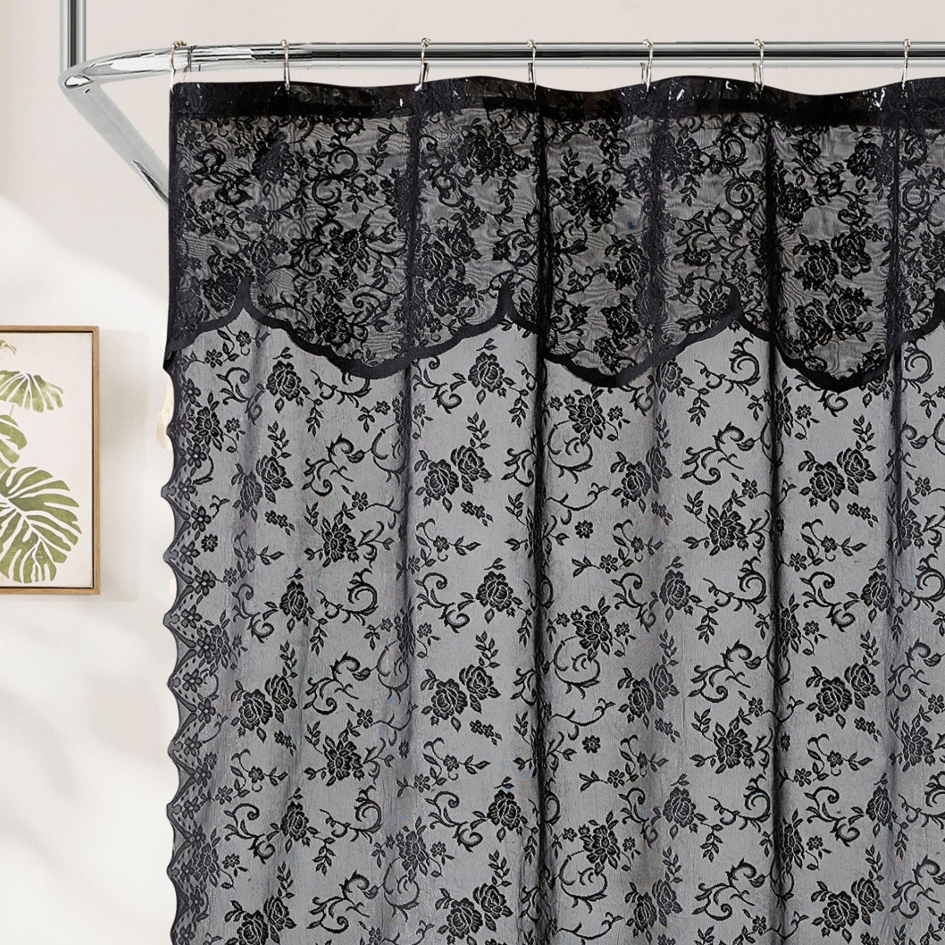 HLC.ME Harper Lace Shower Curtain for Bathroom with Floral Vine Design and Attached Valance – Elegant Victorian Classic Style