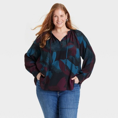 Women's Raglan Long Sleeve Split Neck Blouse - Ava & Viv™ Black Floral XXL