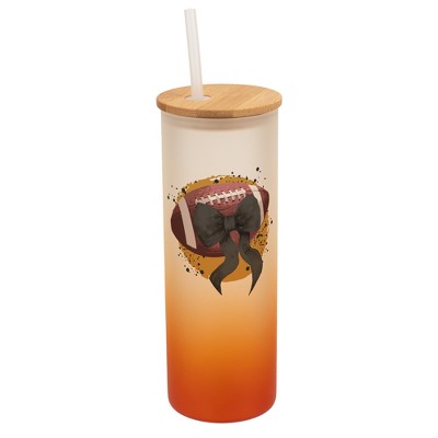 Elanze Designs 25 Ounce Frosted Glass Gradient Travel Tumbler With Straw and Wooden Lid, Football With Black Bow Orange