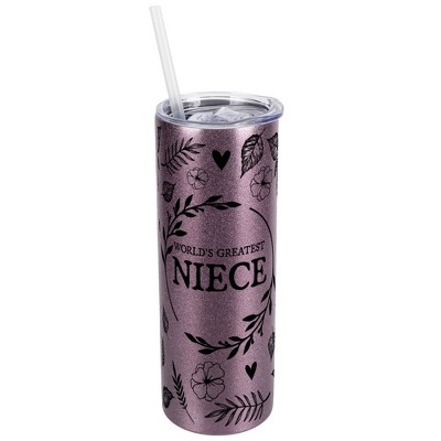 Elanze Designs Floral Rose Gold 20 Ounce Double Wall Stainless Steel Glitter Travel Tumbler With Sliding Lid And Straw, World's Greatest Niece