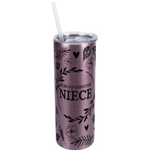 Elanze Designs Floral Rose Gold 20 Ounce Double Wall Stainless Steel Glitter Travel Tumbler With Sliding Lid And Straw, World's Greatest Niece - 1 of 4