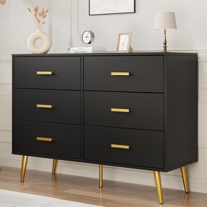 6 Drawer Dresser, Modern Wooden Double Dresser with Gold Handles and Storage Space, Chest of Drawers for Bedroom, Living Room, Entryway, Black - 1 of 4