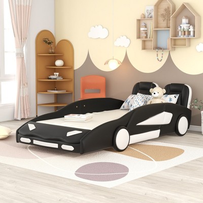 NicBex Twin Size Race Car-Shaped Platform Bed Frame with Wheels and Upholstered Backrest,Wood Slats Support,No Box Spring Needed,Easy Assembly