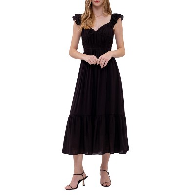 August Sky Women's Ruched Layered Ruffle Sleeve Midi Dress