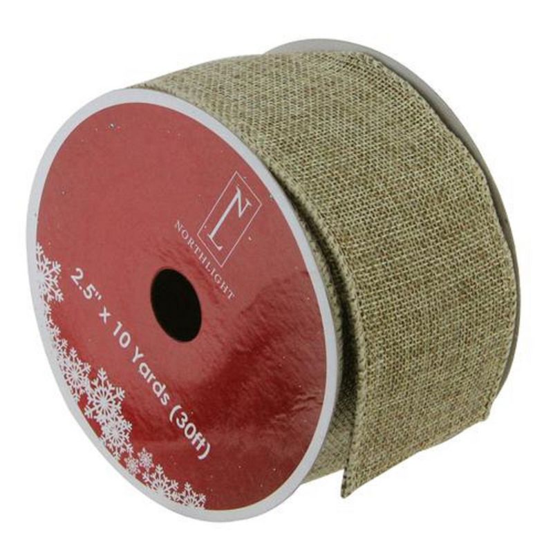 Northlight Faded Green and Brown Burlap Christmas Wired Craft Ribbon 2.5" x 10 Yards, 1 of 4
