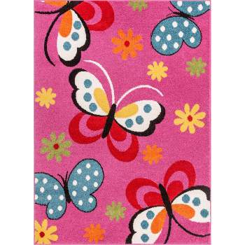 Well Woven Modern Daisy Butterflies Bright Kids Room Carpet Soft Durable Pink Area Rug
