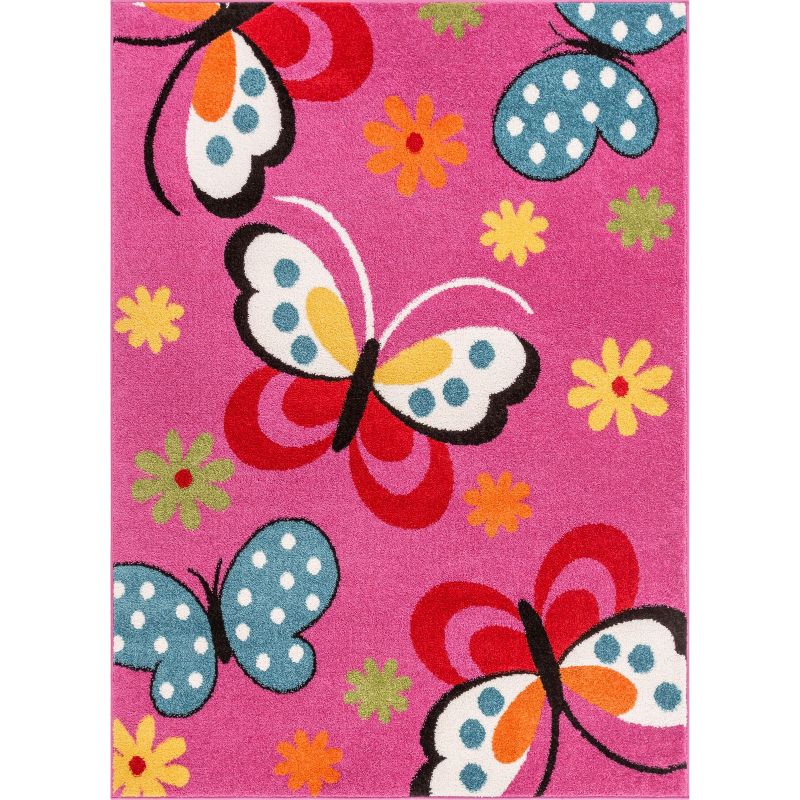 Well Woven Modern Daisy Butterflies Bright Kids Room Carpet Soft Durable Pink Area Rug, 1 of 9