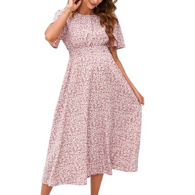 Women's Maternity Boho Ruffles Short Sleeve Dress Floral Smocked Scoop Neck Midi Dress for Baby Shower Photoshoot Pink Floral L