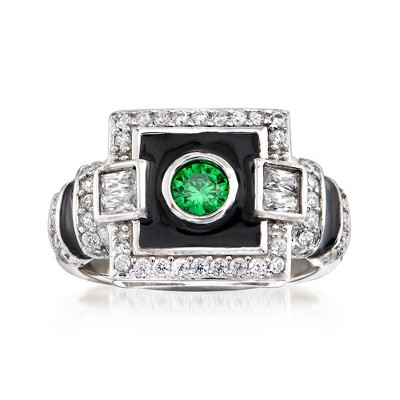 Ross-Simons 0.23 Carat Simulated Emerald and .65 ct. t.w. CZ Art Deco Ring With Black Enamel in Sterling Silver
