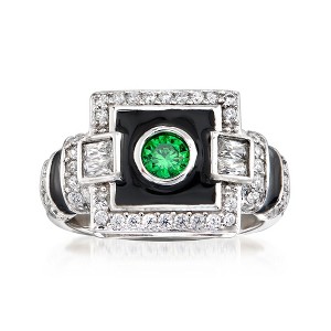 Ross-Simons 0.23 Carat Simulated Emerald and .65 ct. t.w. CZ Art Deco Ring With Black Enamel in Sterling Silver - 1 of 4