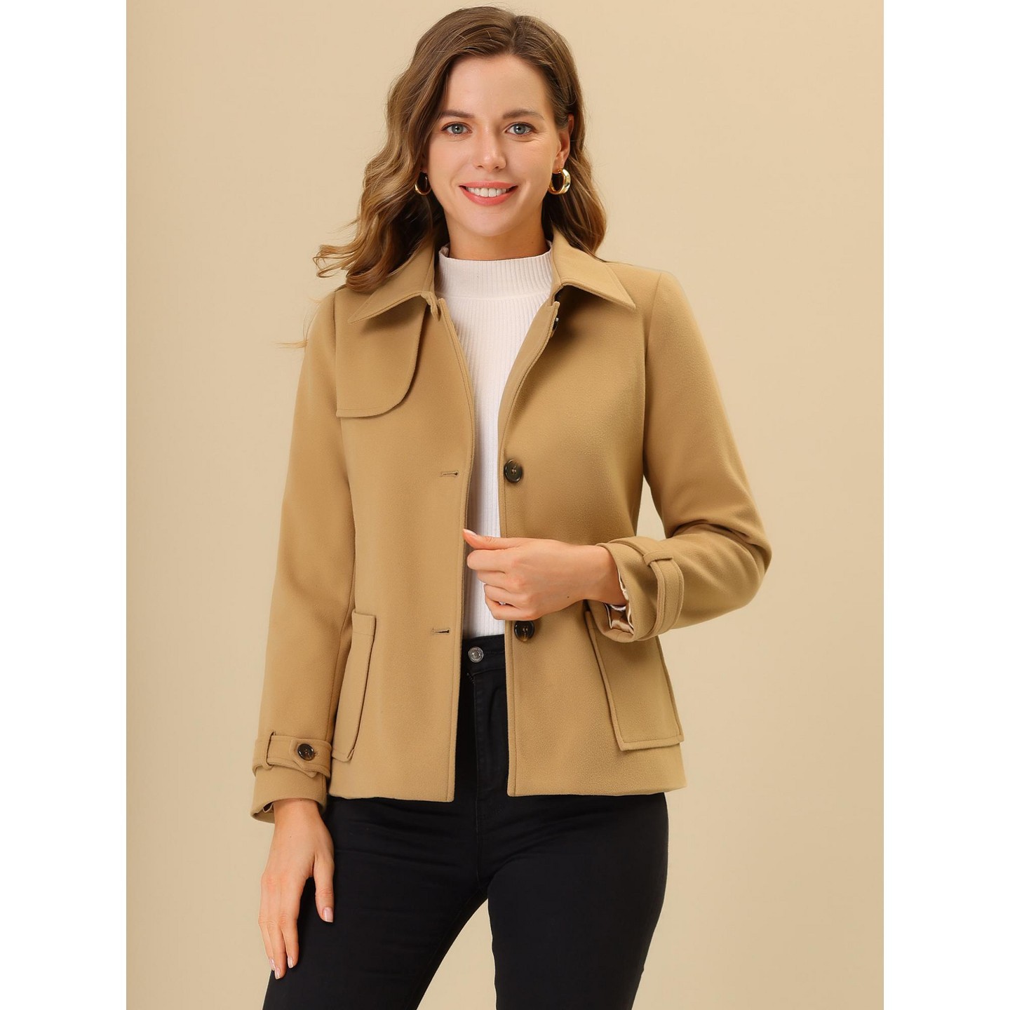 Женское пальто Allegra K Winter Outerwear Single Breasted Belted Pea Coat with Pockets Khaki, цвет: Хаки — фото 2