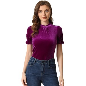 INSPIRE CHIC Women's Short Sleeve Velvet Keyhole Back Ruffle Mock Neck Shirt - 1 of 4