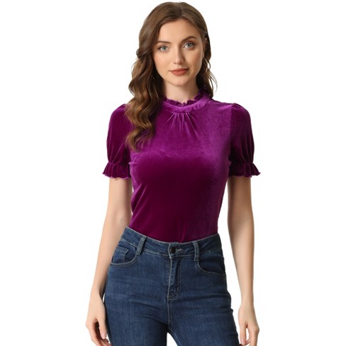 Allegra K Women's Short Sleeve Velvet Keyhole Back Ruffle mock neck Shirt  Purple X-Small