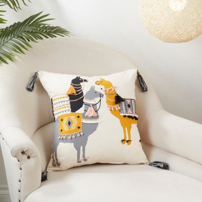 Llama Pack Embroidered Square Throw Pillow with Tassels