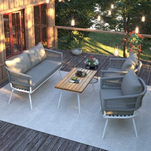 Kiki 4-Piece Woven Rope Patio Coversation Set with Acacia Wood Table, Deep Seating & Thick Cushion, Outdoor Furniture - Maison Boucle - 1 of 4