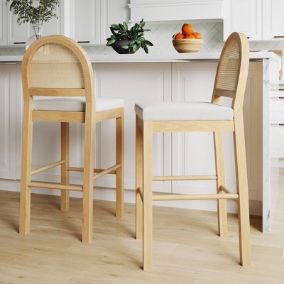 Light Oak and Rattan Counter Height Bar Stools with Boucle Seats, Set of 2