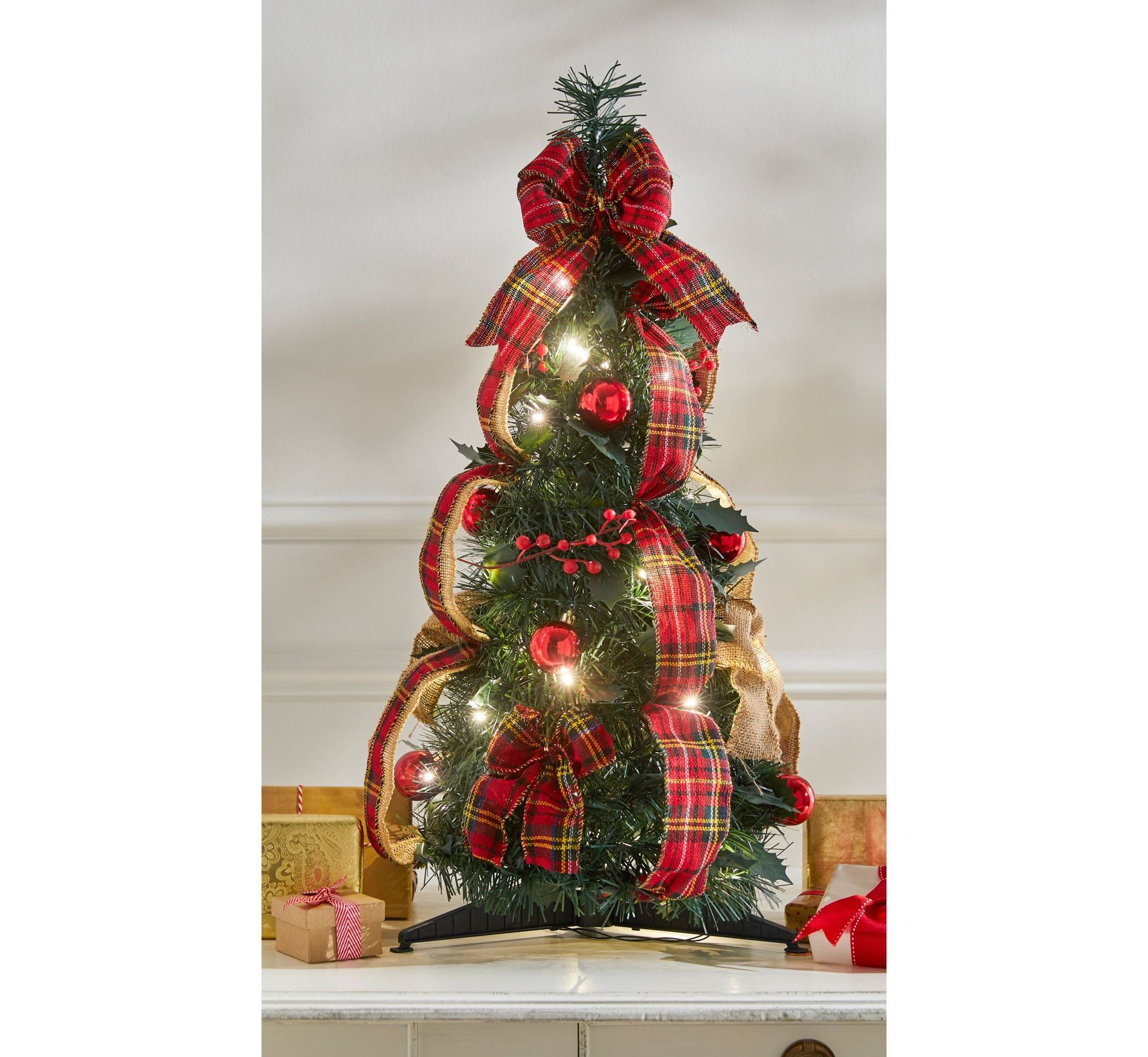 BrylaneHome Fully Decorated Pre-Lit 2Ft Pop-Up Tabletop Christmas Tree - Plaid