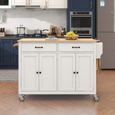 Rolling Kitchen Island Cart, with Wood Desktop, Cabinet and Drawers, Spice Rack, Towel Rack, Wine Rack, for Kitchen, Dining