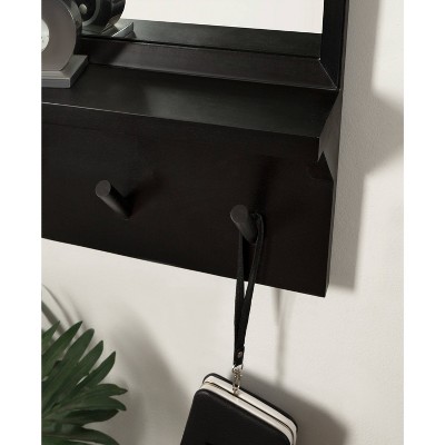 Black Rectangular Wood Wall Mirror with Pegs and Ledge