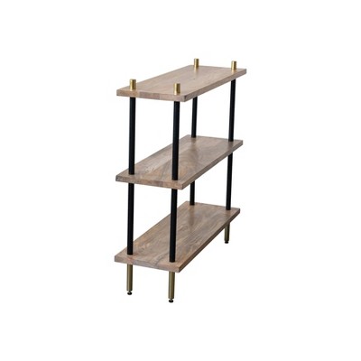 Black Mango Wood and Metal 3-Tier Shelf with Brass Finish Legs