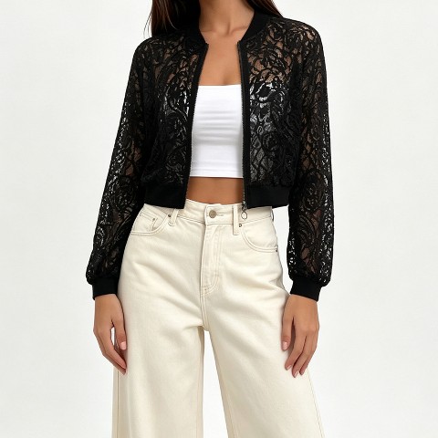 Женская куртка YesFashion Hollow Lace Cropped Bomber Jacket, Zip-Up Stand Collar Slim Long Sleeve Light Outerwear Black L, цвет: Чёрный