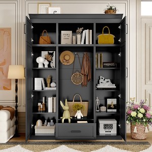 TiramisuBest 85''H Hall Tree with Bench and 3 Hooks, Modern Entryway Storage Organizer Cabinet with 4 Doors, 1 Drawer and Adjustable Shelves - 1 of 4