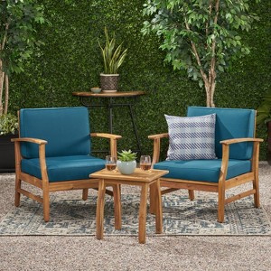 Christopher Knight Home Perla Outdoor Acacia Wood 3 Piece Chat Set with Cushions - 1 of 4