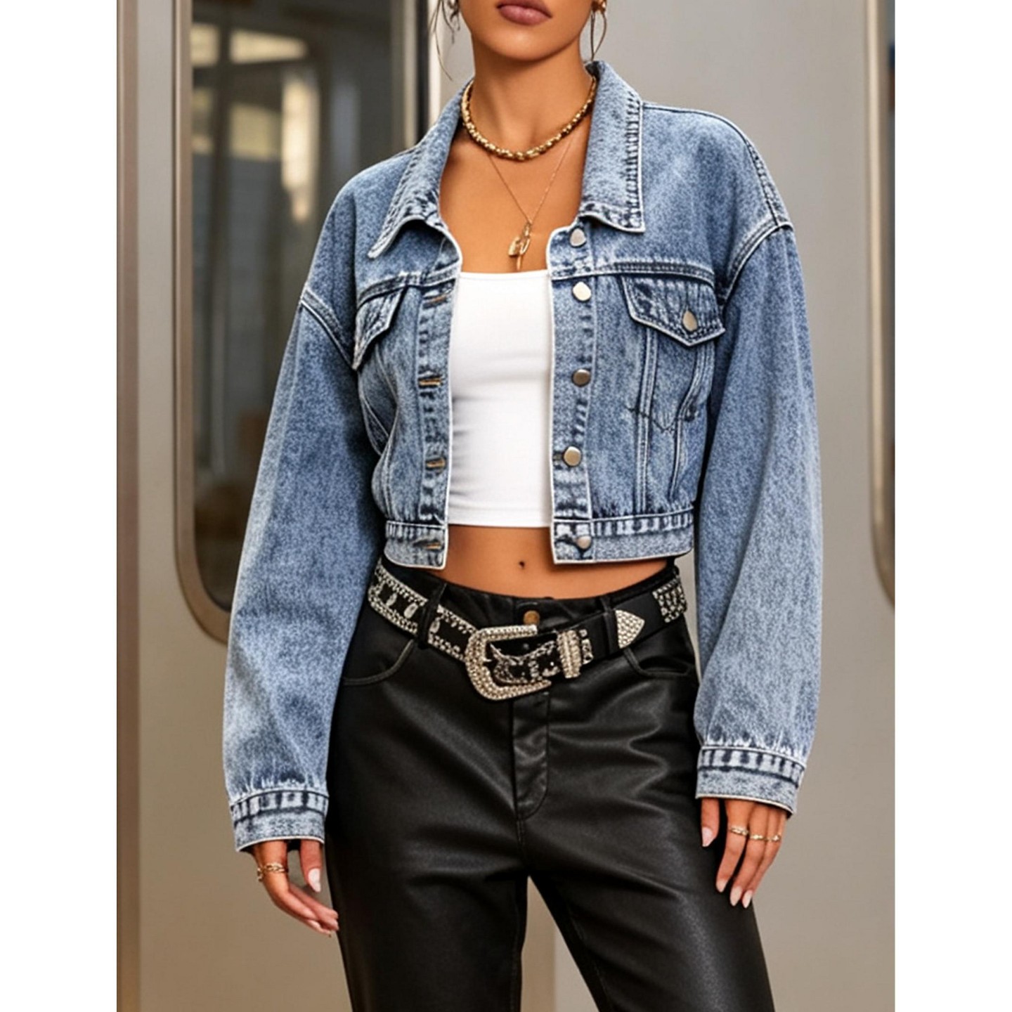 Женская куртка YesFashion Women Cropped Denim Jacket Lapel Collar Button‑Down Short Jean Coat Vintage Loose Fit Outerwear, L, Blue, цвет: Джинсовый — фото 2