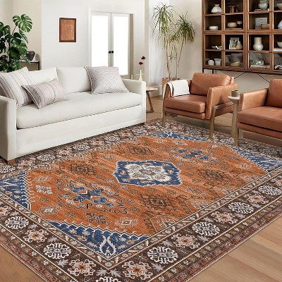 Washable Boho Rug Ultra-Thin Distressed Vintage Rug Low-Pile Floor Carpet Stain Resistant Rugs for Living Room Bedroom Dining Room Office