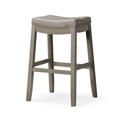 HomeRoots 31" Gray and Cool Gray Faux Leather and Solid Wood Backless Bar Height Bar Chair
