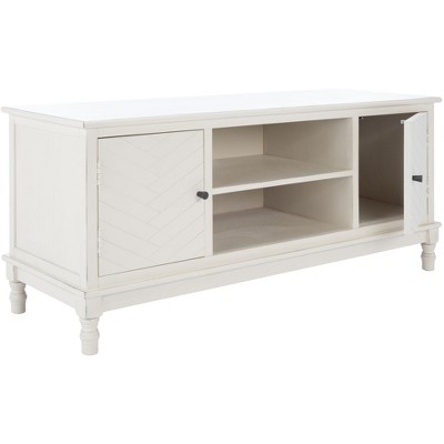 Distressed White Herringbone 2-Door Media Stand with Shelves