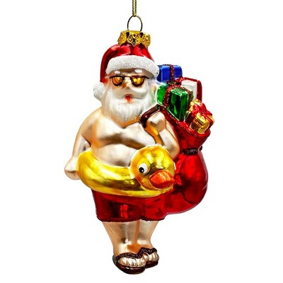 Santa on Summer Vacation in the Pool Quirky Glass Christmas Ornament, Rubber Duckey Tropical Holiday Decor| OrnamentallyYou