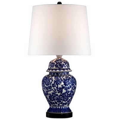 Regency Hill Asian Table Lamp Temple Porcelain Jar Blue Floral White Drum Shade for Living Room Family Bedroom Bedside Nightstand