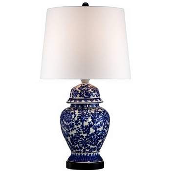 Regency Hill Asian Table Lamp 25" High Temple Porcelain Jar Blue Floral White Drum Shade for Living Room Family Bedroom Bedside (Color May Vary)