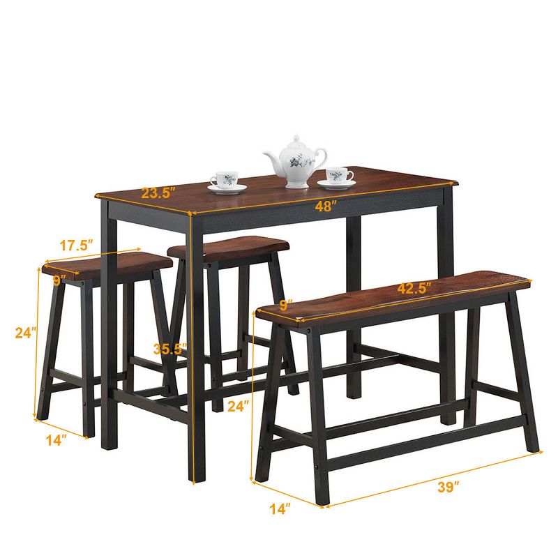 Costway 4 Pcs Solid Wood Counter Height Table Set w/ Height Bench & Two Saddle Stools Brown, 2 of 7