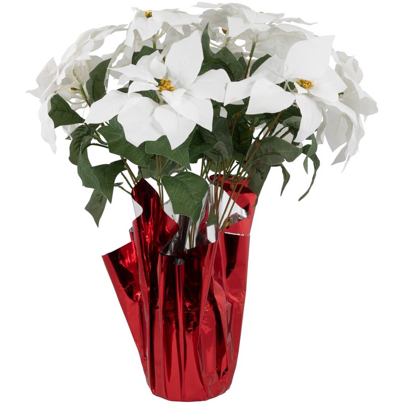 Northlight 22" White Artificial Christmas Poinsettia Flowers with Red Wrapped Base, 1 of 7