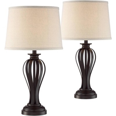 Regency Hill Modern Table Lamps Set of 2 Open Profile Bronze Fabric Drum Shade for Living Room Bedroom Bedside Nightstand Office