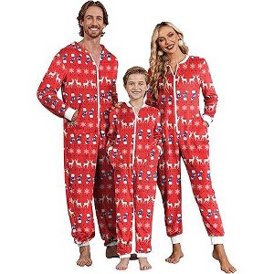 Ekouaer Christmas Onesie Matching Family Fleece Hooded One Piece Zipper Long Sleeve Pajamas with Pockets - 1 of 4