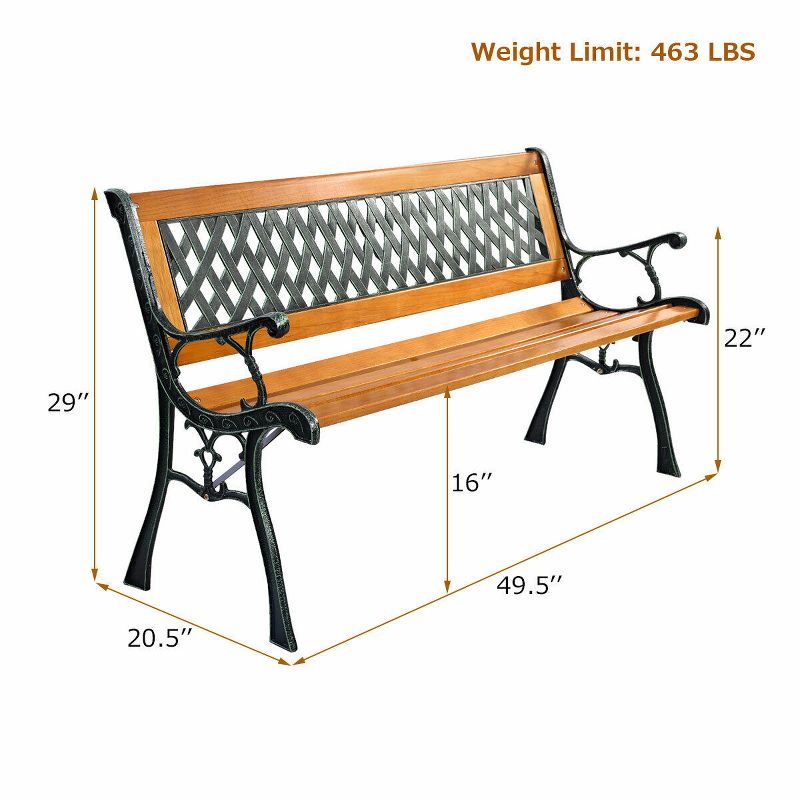 49 1/2'' Patio Park Garden Bench Porch Path Chair Outdoor Deck Cast Iron Hardwood, 3 of 11