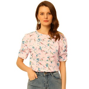 INSPIRE CHIC Women's Floral Summer Crew Neck Casual Shirred Short Sleeve Blouse - 1 of 4