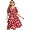 Coolmee Women Summer Plus Size Casual Midi Dresses Short Sleeve V Neck Drawstring Waist Knee Length T Shirt Sundress - 2 of 4