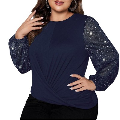 Women's Sequin Tops Sparkle Wrinkle Long Sleeve Chiffon Blouses Shimmer Glitter Sweatshirt Party Crewneck Plus Size Loose Fit Shirts