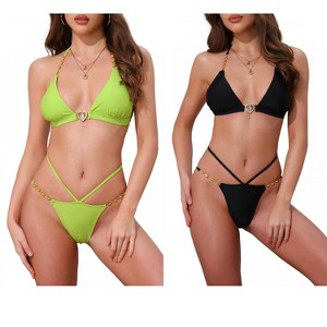 INSPIRE CHIC Women's Heart Rhinestones Chain-Linked Halter Top Triangle Bottoms Swimwear Bathing Bikini Suits 2 Sets - 1 of 4