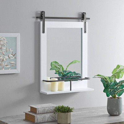 Ingram Farmhouse Barn Door Mirror with Shelf White - FirsTime