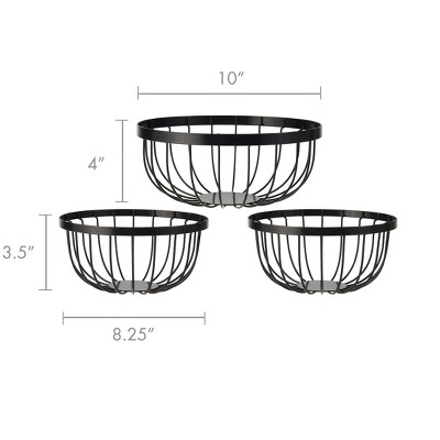 Scroll Black Iron 3-Piece Round Storage Basket Set