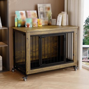 38" Wooden Dog Crate Furniture, Chew-Resistant Indoor Dog Kennel with Removable Tray & Wheels, Decorative Dog House Side Table for Small/Medium Dogs - 1 of 4