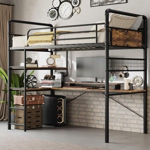 Twin Size Loft Bed with L-Shaped Desk - Metal Frame, 2 Open Shelves, Decorative Mesh, 13.4" H Safety Guard & Ladder, No Box Spring Needed, Black - 1 of 4